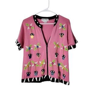 Jack B. Quick Sweater Size M Pink Full Zip Short Sleeve Knit Plants Embroidered
